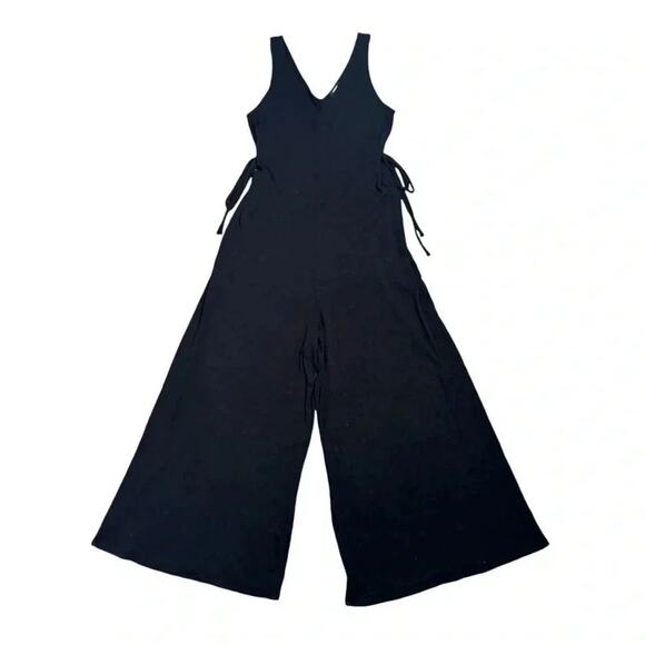 Alfani Ribbed Sleeveless Wide Leg Jumpsuit Tie Sides - Black - Size Large - Picture 1 of 6